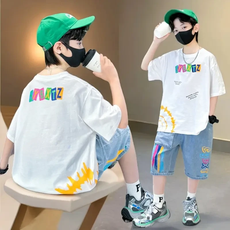 童装男童夏装套装洋气时尚中大童潮牌儿童男孩短袖印花夏季服装潮