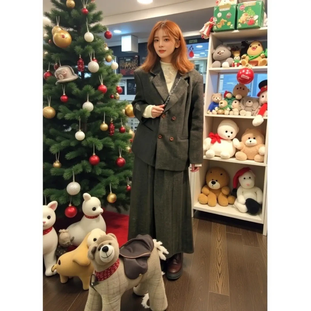 灰色毛呢西装套装女2024秋冬装宽松廓形百搭呢子外套百褶裙两件套