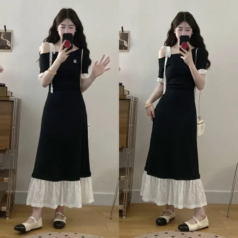 MO88ZSPF大码法式复古赫本风收腰显瘦露肩设计感拼接短袖连衣裙