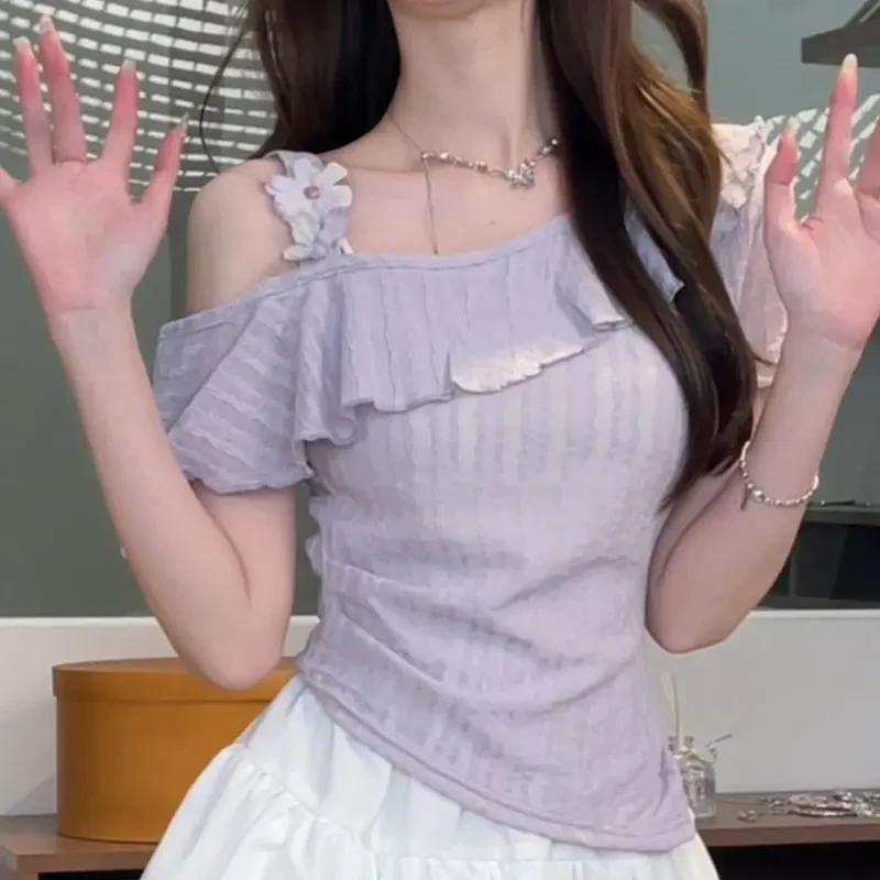 大码女装胖mm甜美风花朵吊带斜肩上衣夏季百搭漂亮短袖T恤设计感