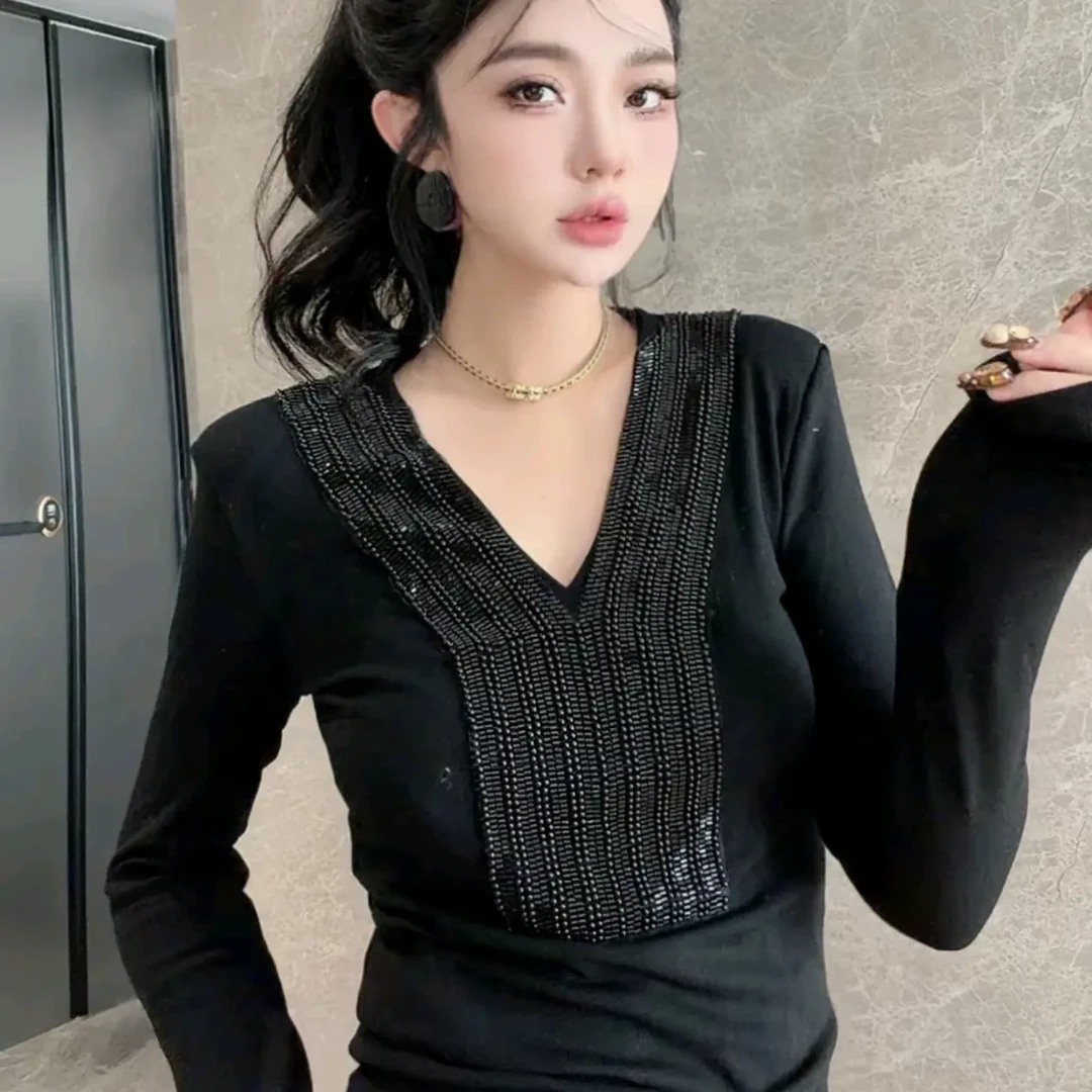 法式V领长袖重工片珠拼接秋冬气质修身显瘦T恤上衣女