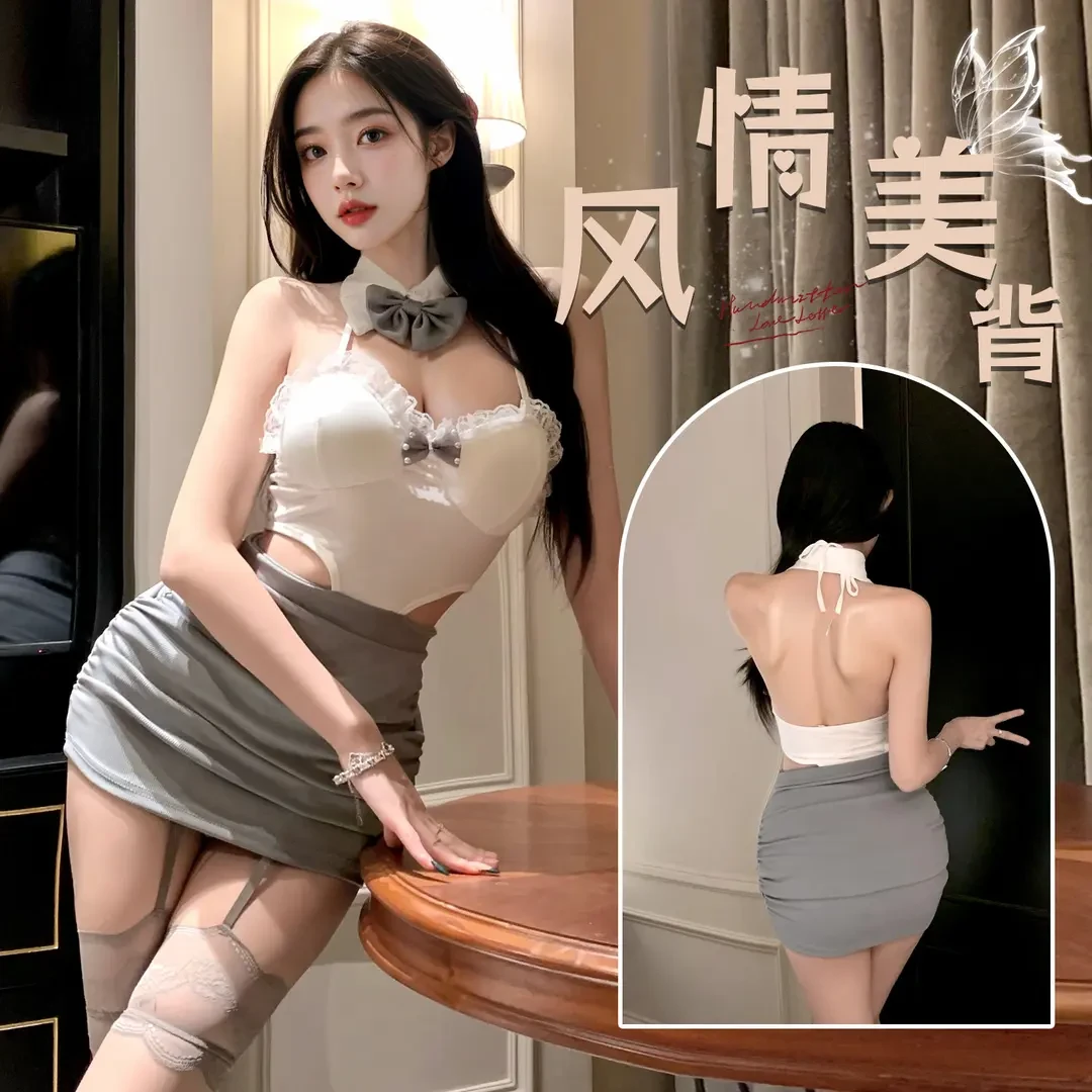 纯欲辣妹蕾丝蝴蝶结挂脖翻领性感镂空露背修身网红显瘦套装包臀裙