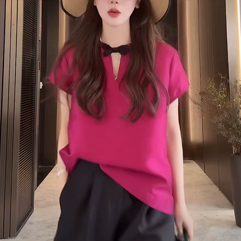 设计感蝴蝶结t恤女士2025时尚减龄宽松遮肉显瘦火龙果色短袖上衣