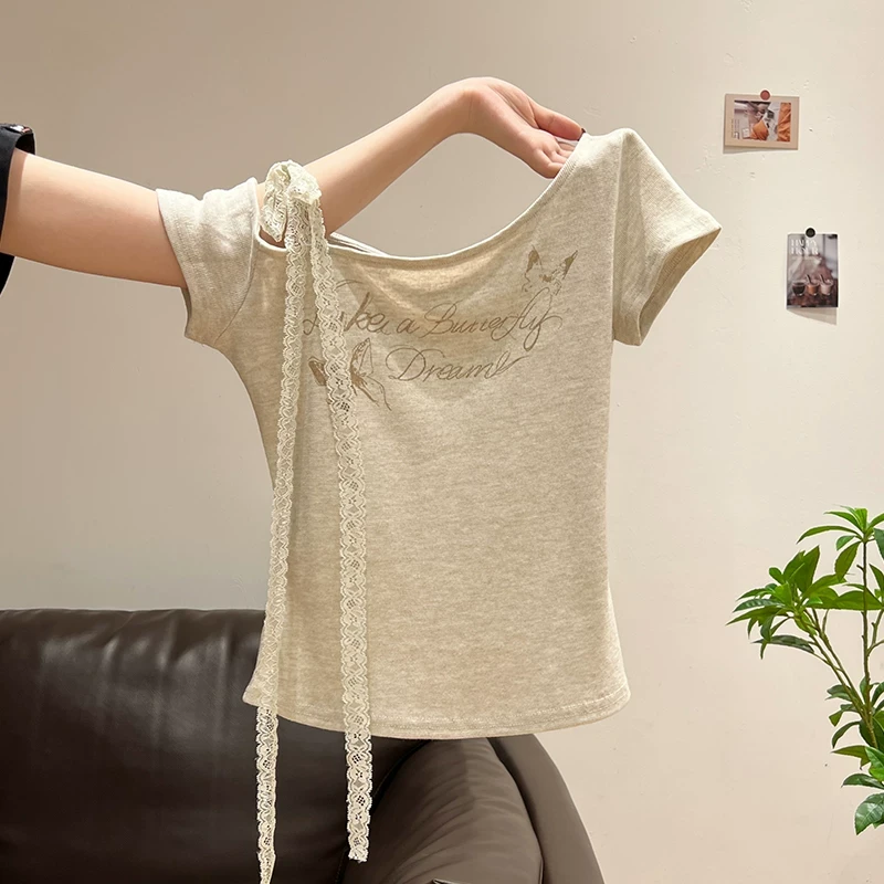 美式辣妹一字领露肩短袖恤女夏季新款带围脖纯欲显瘦印花短上衣