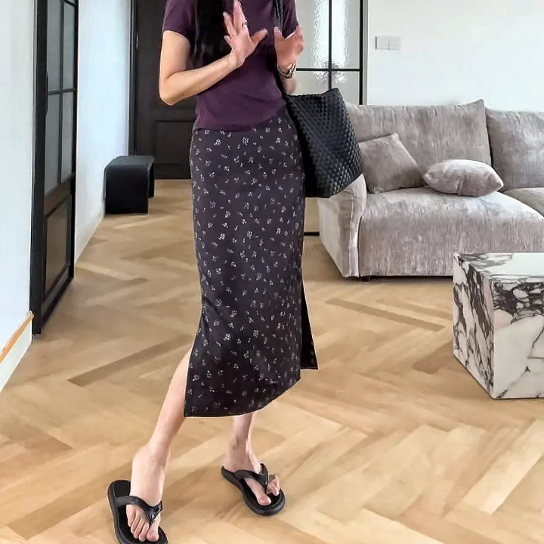 高级感复古碎花半身裙女夏季百搭高腰开叉显瘦中长款裙子女