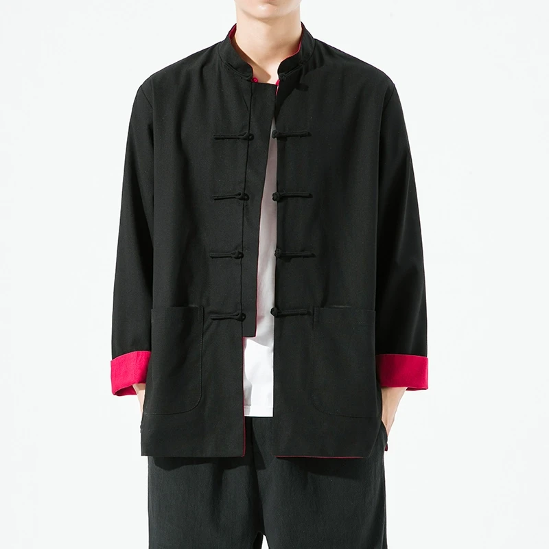 高级感两面穿夹克上衣男士中国风立领茶服大码宽松棉麻中山装外套