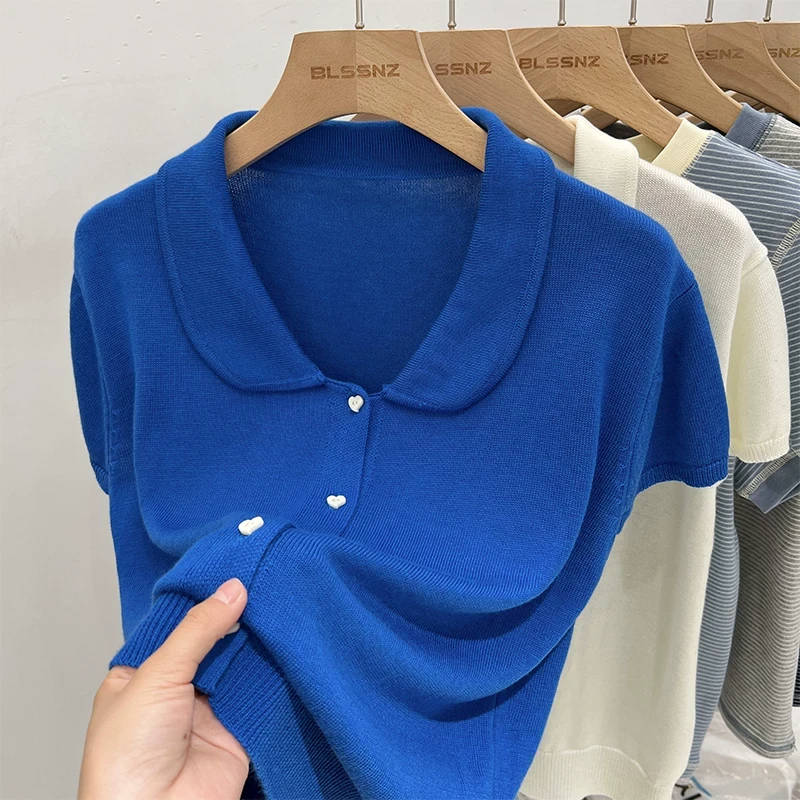 蓝色翻领短袖针织衫女2025夏季新款时尚小衫独特小飞袖开衫上衣潮
