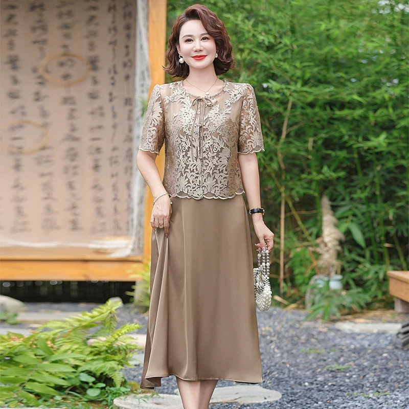 中老年妈妈装夏装中长款连衣裙套装中年女装新中式国风两件