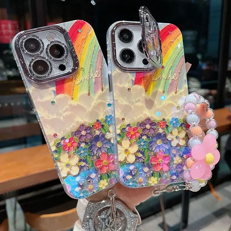 适用苹果系列iPhone16新款手机壳彩虹花海手链银灰色闪粉镜头支架