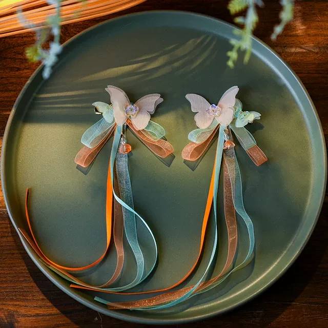 汉服儿童头饰女古风超仙绢花飘带夹子蝴蝶发饰短发丝带对夹饰品