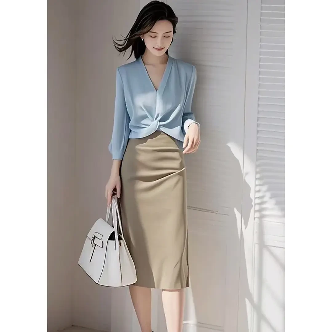 蓝色上衣宽松独特气质上衣设计感小众优雅洋气衬衫