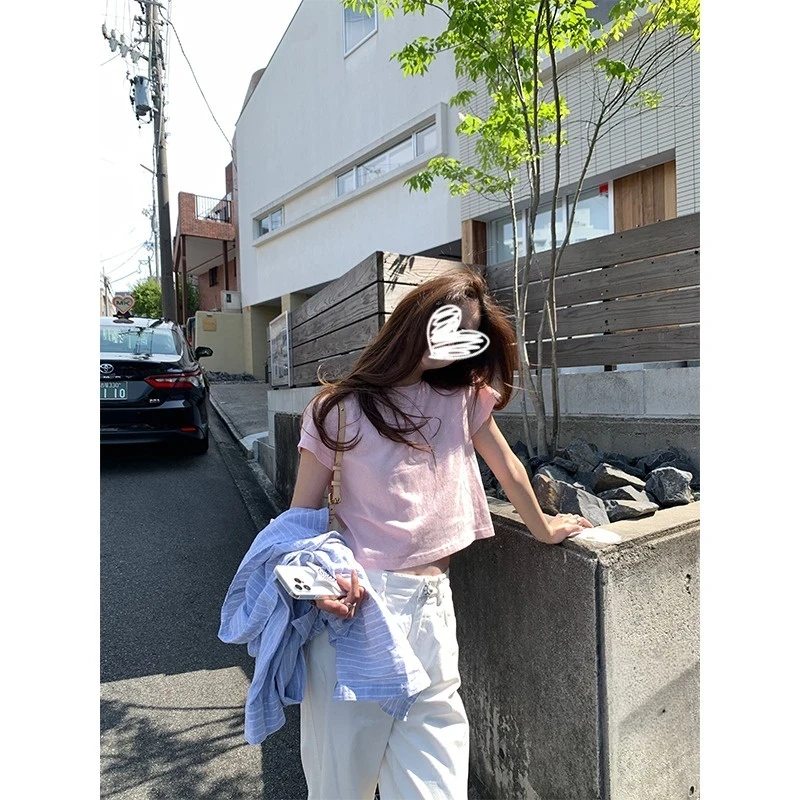 粉色简约高腰短款T恤女装2025夏季新款ins基础显瘦打底短袖上衣