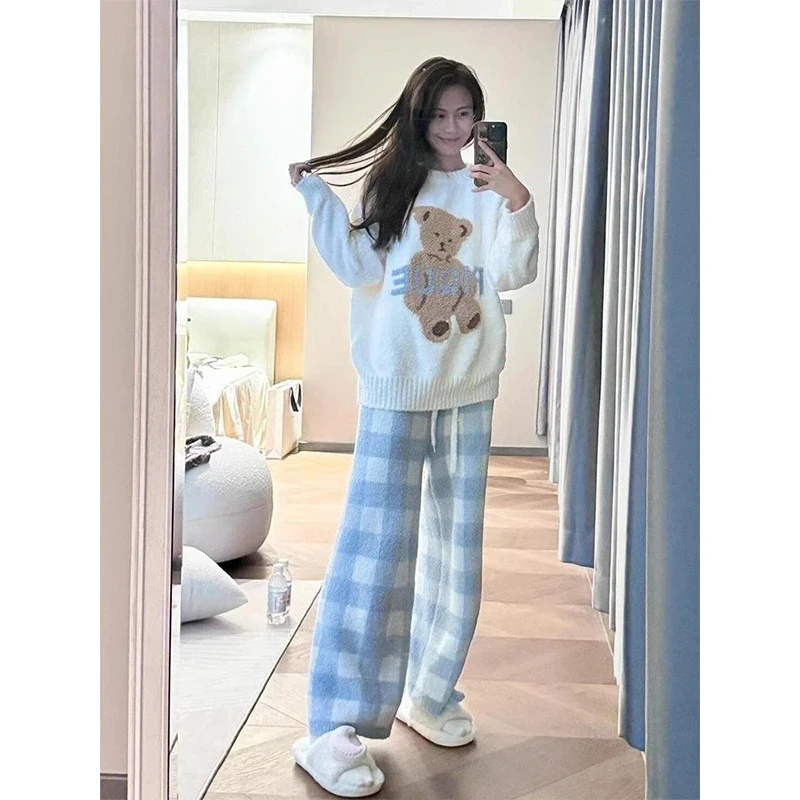 【天空蓝の小熊】睡衣女冬甜美可爱加厚保暖软绵绵套装半边绒家居服