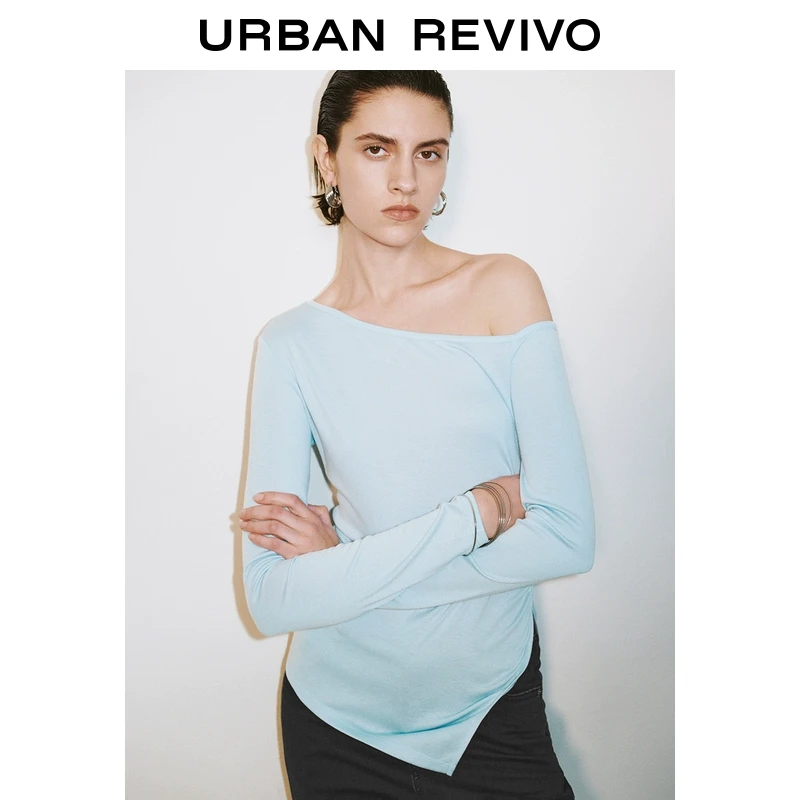 UR2025春季新品女装欧若风魅力氛围感修身斜肩领长袖T恤UWG450032