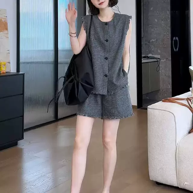 夏装搭配一整套极简风洋气设计感毛边无袖衬夏季西装套装职业女装