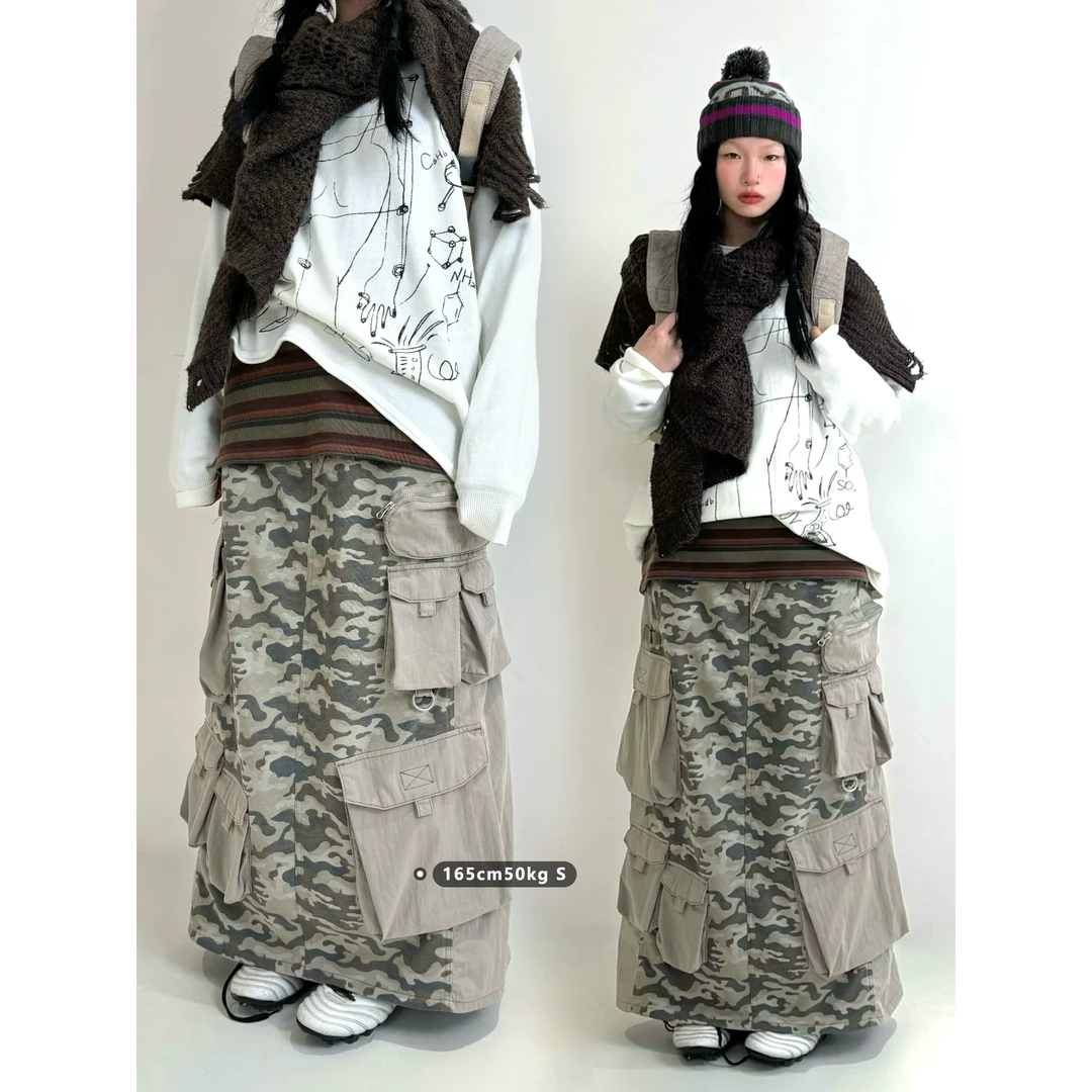 物理少年街机系列「口袋多多」针织迷彩拼接直筒廓形工装半裙夏季