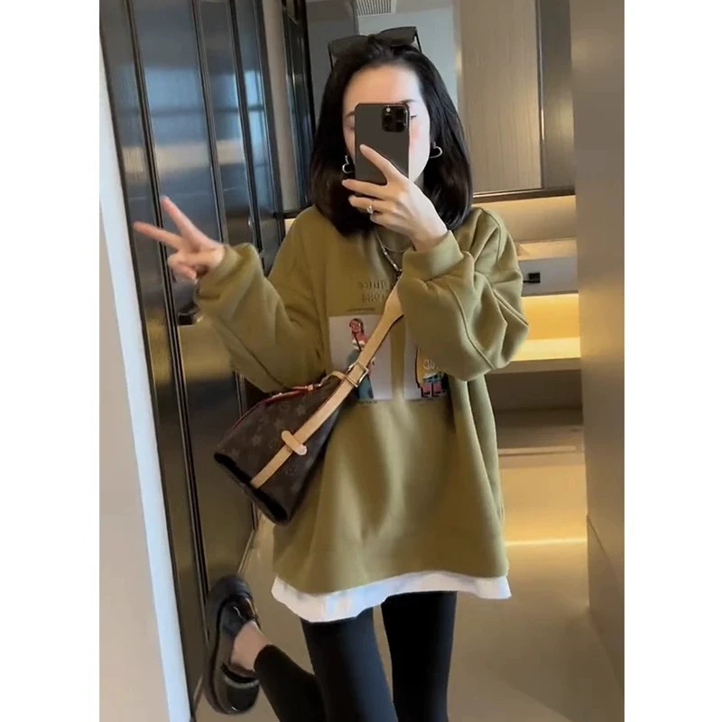 芯娇晴美式慵懒假两件圆领卫衣女春秋新款2025爆款中长款宽松上衣