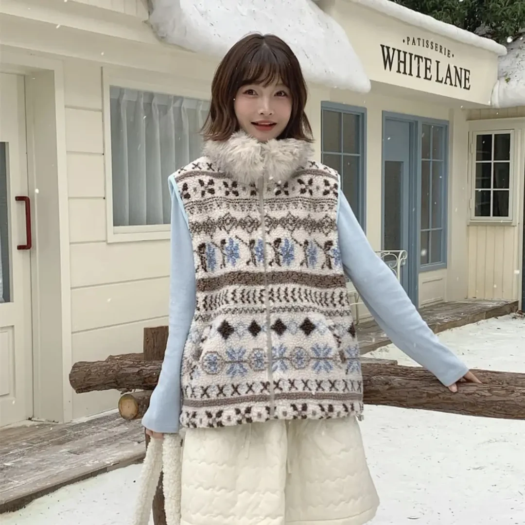 韩版八奶家费尔岛复古羊羔绒马甲女