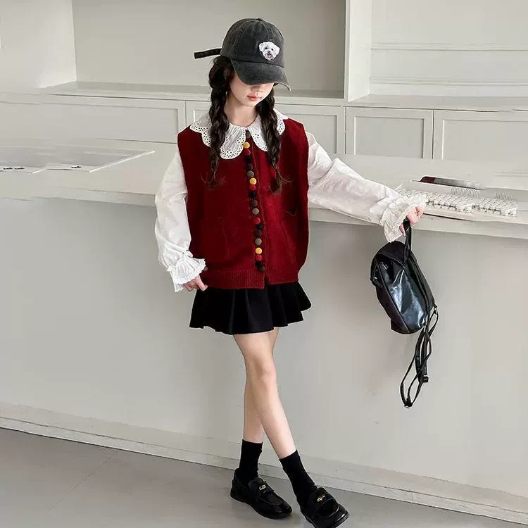 女童秋冬新款韩版时尚洋气针织开衫外套加绒格子百褶裙套装