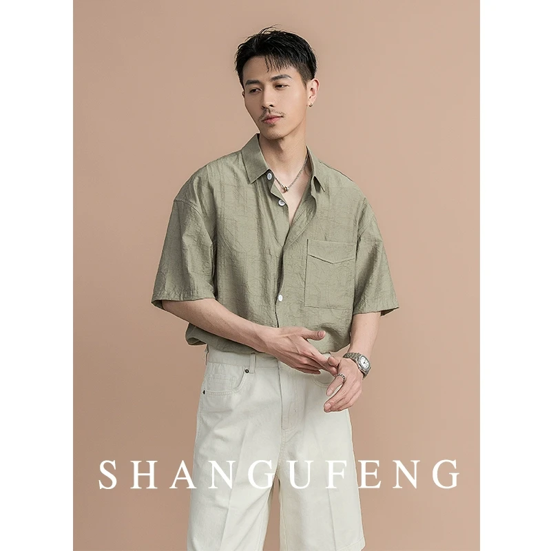 SHANGUFENG夏季立体褶皱莱赛尔舒适短袖衬衫男士百搭工装休闲衬衣