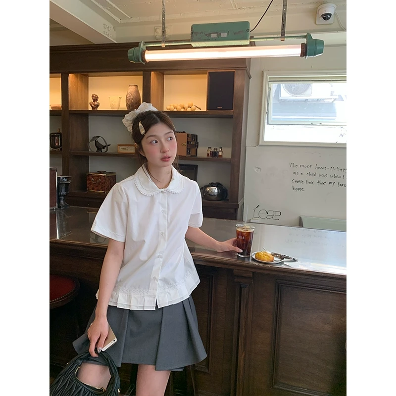 霍里德地图  miu系学院蕾丝边娃娃领百褶短袖衬衫
