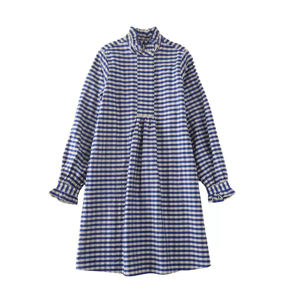 春款 长袖木耳边格子连衣裙13H