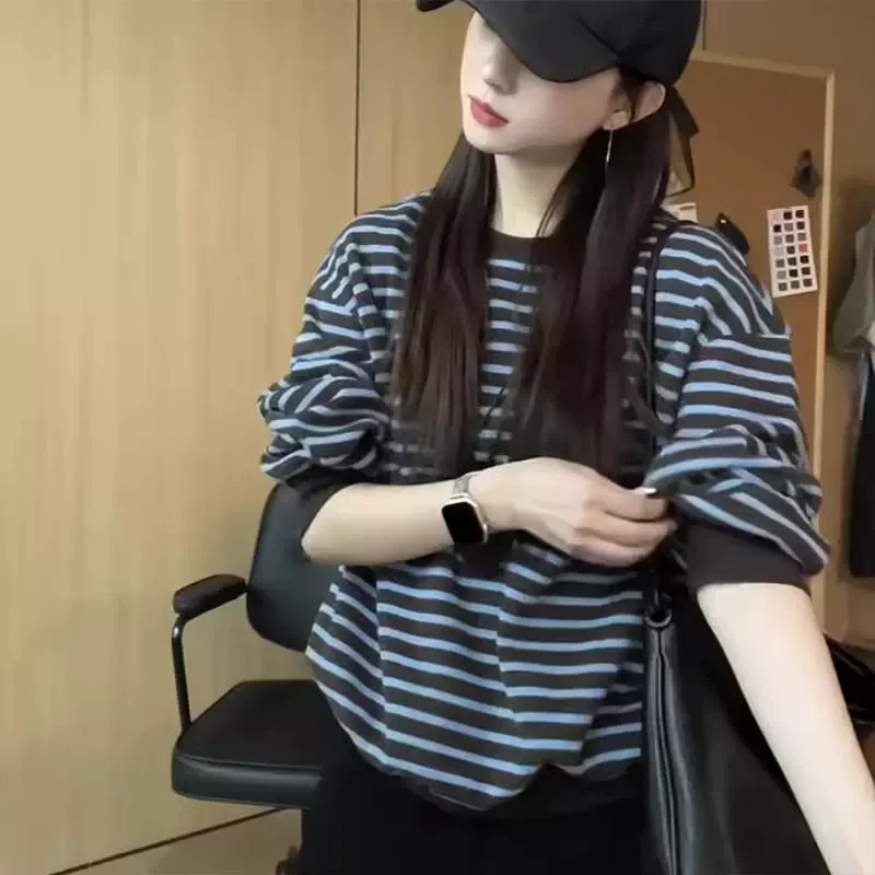 韩版圆领条纹撞色卫衣女春秋2025新款爆款洋气小个子宽松减龄上衣