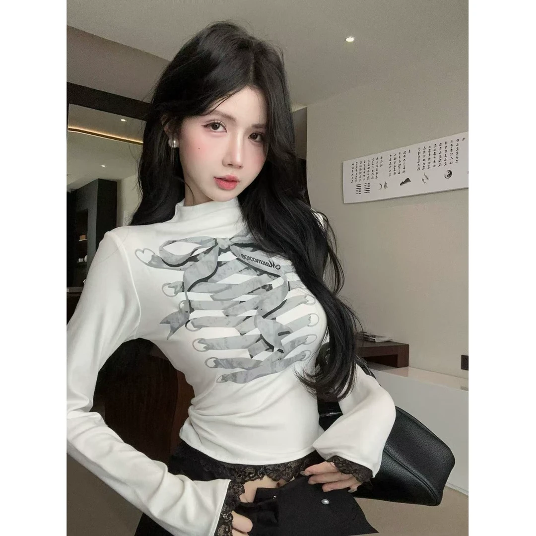 秋冬复古网红不规则时尚长袖上衣女设计感小众显瘦修身内搭insT恤