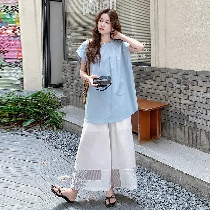 大方得体穿搭一整套蓝色短袖宽松上衣气质白色高腰阔腿裤两件套装
