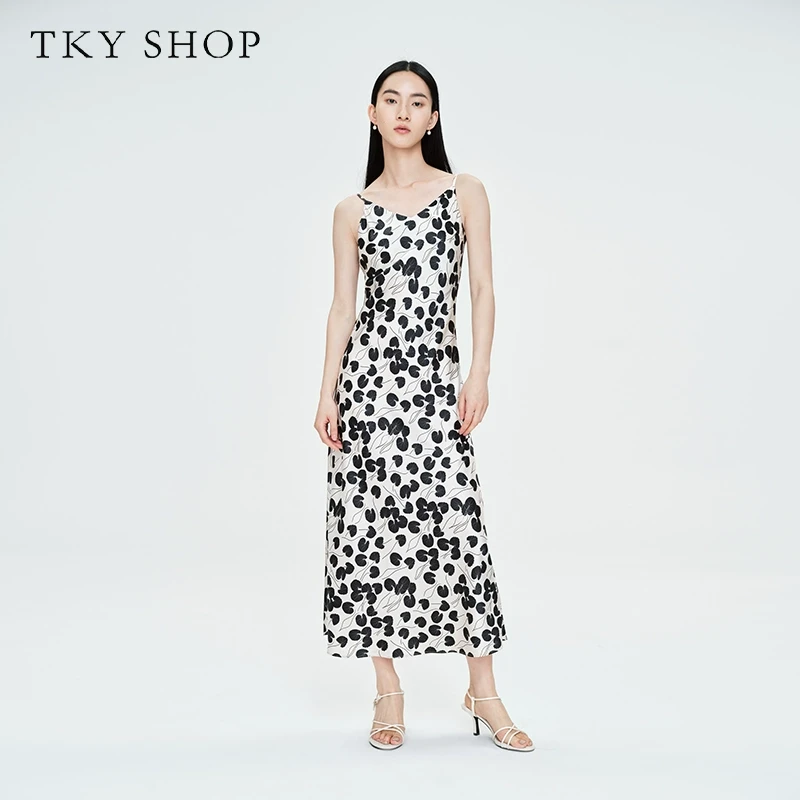 TKYSHOP【桑蚕丝荷叶花】夏季气质印花无袖吊带连衣裙 10G1KB05G031