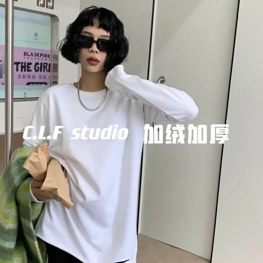 11福利款拉毛白T桖秋冬新款简约长袖打底T恤女中长款（衣长75左右）