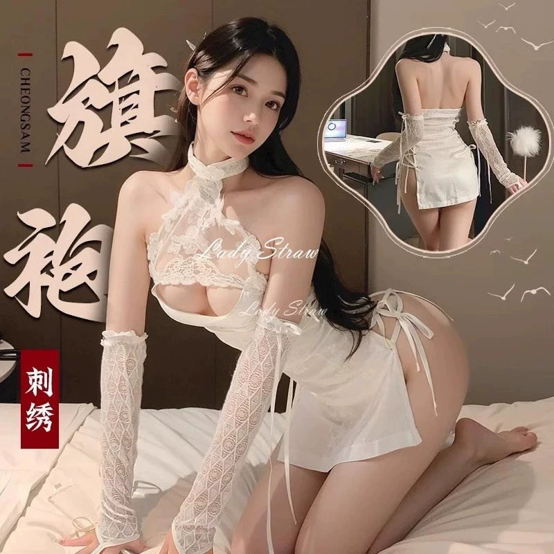 新款低胸显瘦性感纯欲风睡裙修身时尚性感镂空绑带免脱旗袍刺绣