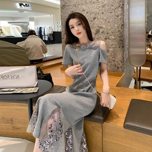 法式露肩连衣裙女2025夏季显瘦减龄高级感超好看独特漂亮拼接裙子