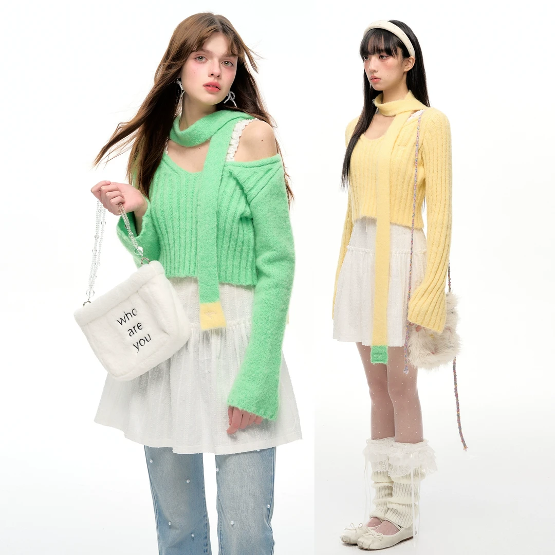 NECY围巾撞色毛衣女秋季新款设计感小众修身显瘦短款长袖