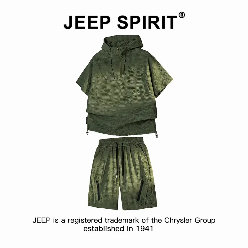 JEEPSPIRIT 吉普运动 泡泡纱连帽短袖套装男士夏季休闲短裤两件套