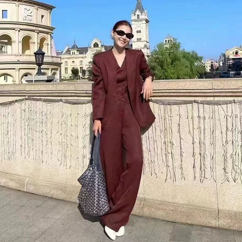 轻奢老钱风松弛感西装套装女秋季新款安可拉红通勤马甲西服阔腿裤
