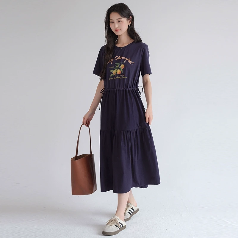 【设计抽绳收腰印花裙】蓝若水大码2025夏装新款学院连衣裙8391