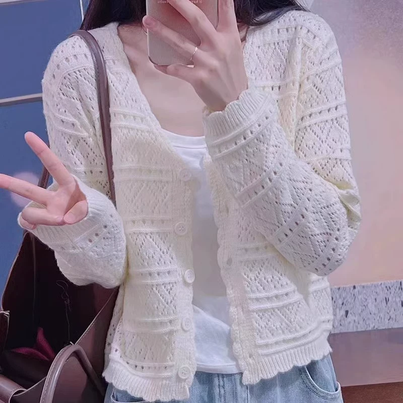 夏季薄款镂空冰丝针织防晒开衫女配吊带裙外搭V领空调衫披肩外套