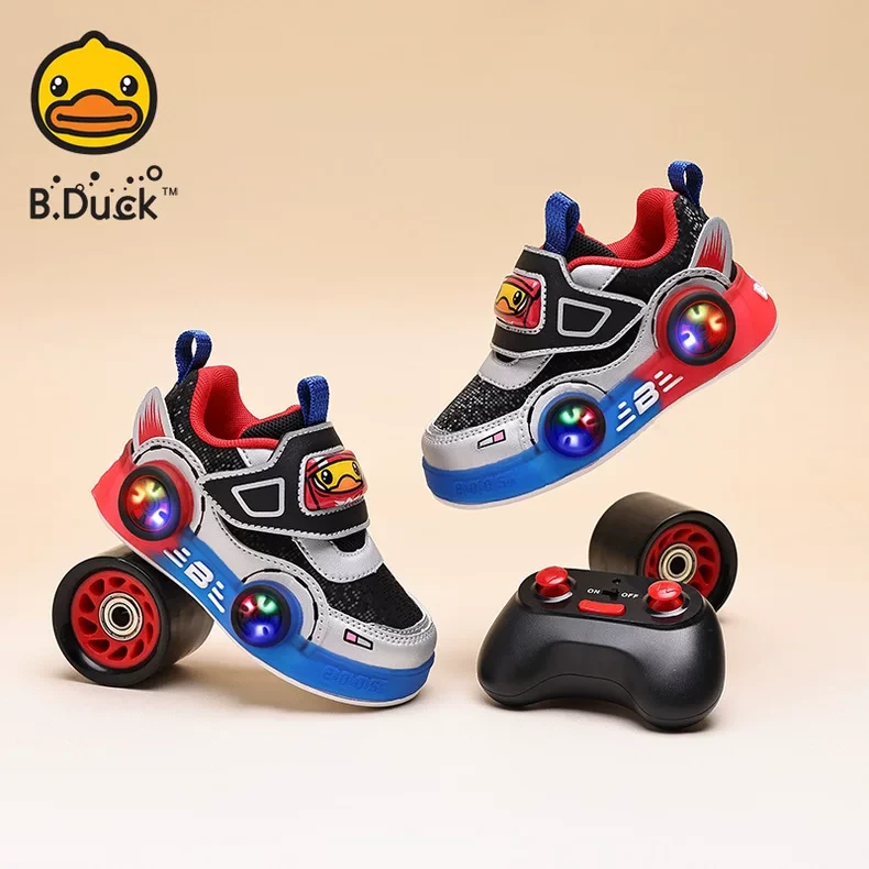 B.Duck小黄鸭赛车运动秋季儿童亮灯透气4-6岁幼儿园鞋板鞋防滑