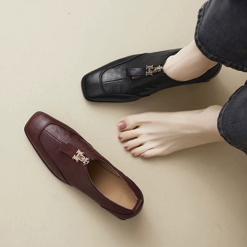 5.5cm 春季新款方头粗跟法式复古深口女单鞋休闲百搭秋季高跟皮鞋