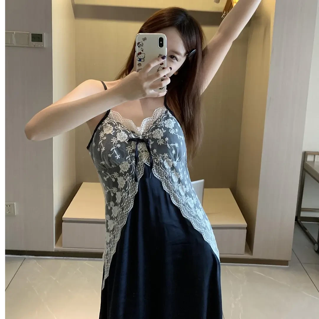 带胸垫性感吊带睡裙女夏季凉感冰丝复古高级感睡衣花边夏天家居服