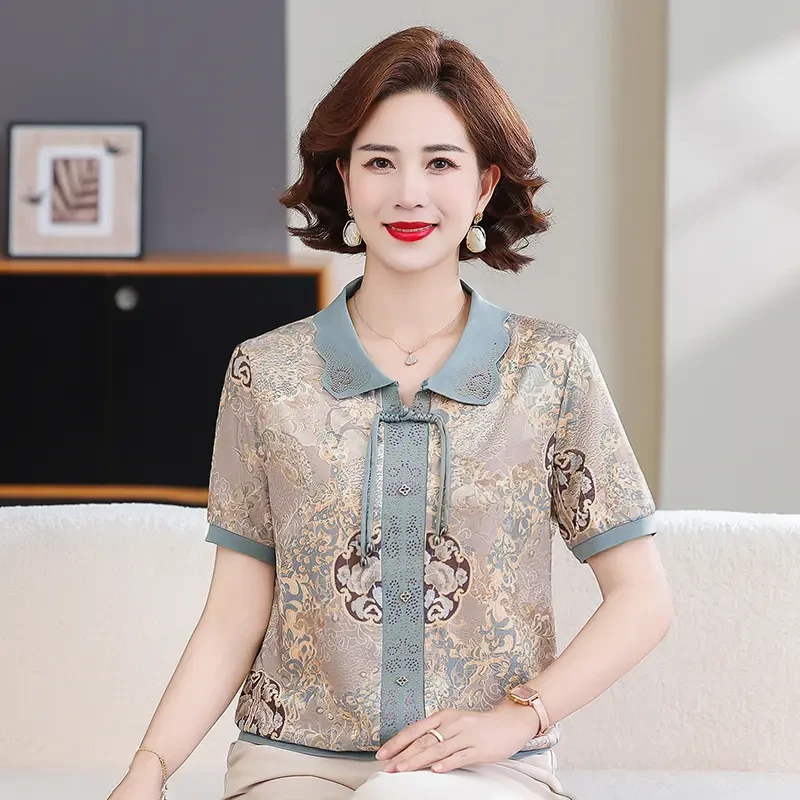 新中式妈妈装夏季中老年女装短袖t恤翻领上衣洋气减龄气质薄小衫