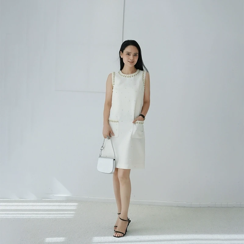 JADE SHADW/翡翠影原创设计重工钉珠镶钻圆领无袖连衣裙T1854