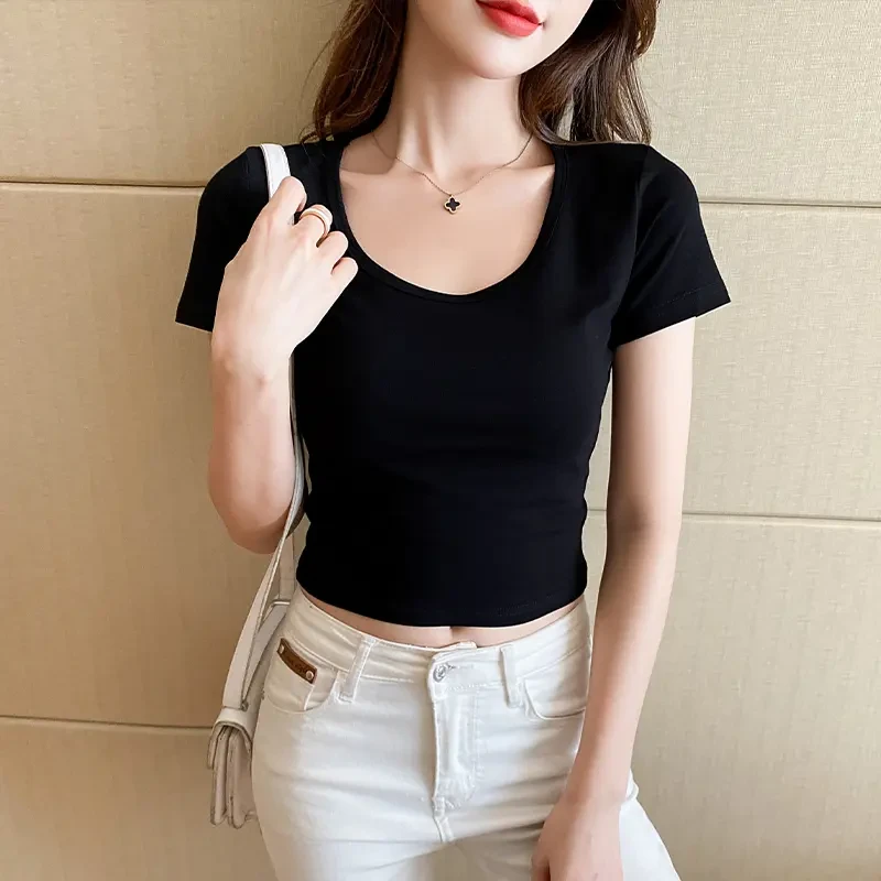 2025新款圆领露脐短袖ins紧身T恤打底上衣女百搭夏季棉质百搭减龄