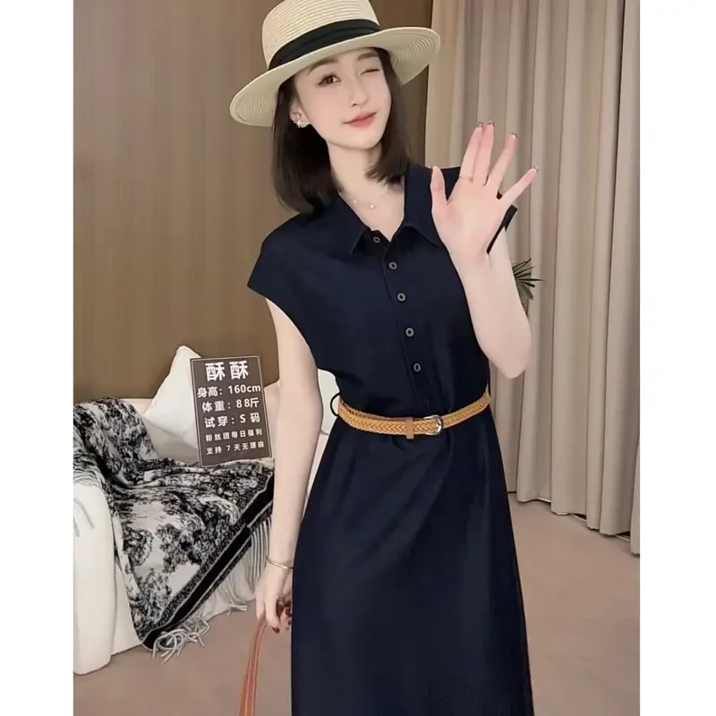 高级感软牛仔法式polo领短袖显瘦时尚连衣裙＋腰带两件套小个子