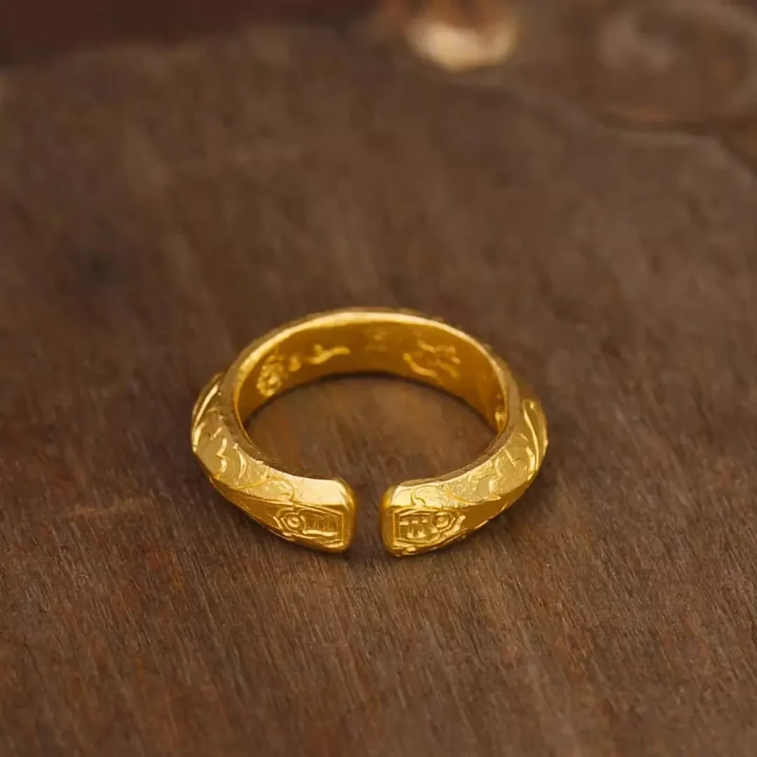 铜合金戒指黄金色高级戒指女款首饰腰缠万贯小众古法镀18k实心戒