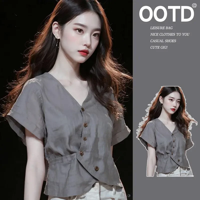 法式设计感v领灰色亚麻短袖衬衫女春夏独特别致漂亮小衫短款上衣