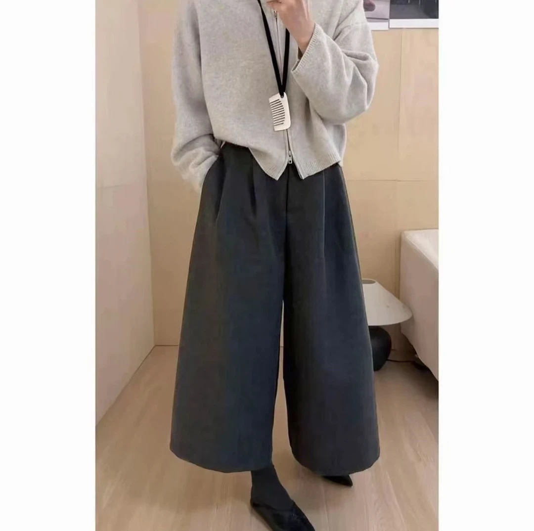 阔腿八分裤纯色厚款2025新款慵懒风拼接毛呢裤女装秋冬季裤子
