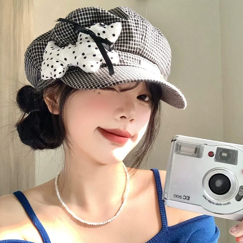 早秋黑色波点小狗格纹贝雷帽女生薄款显脸小八角帽大头围画家帽子