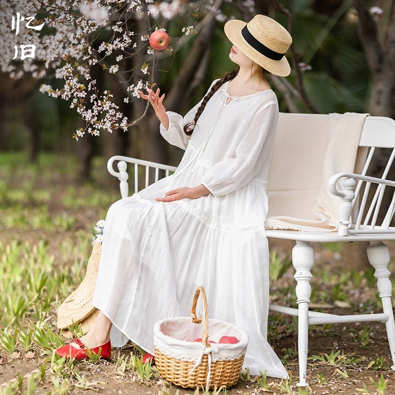 现货1969春秋装苎麻白色连衣裙新款宽松拼接长裙早秋气质裙子女装